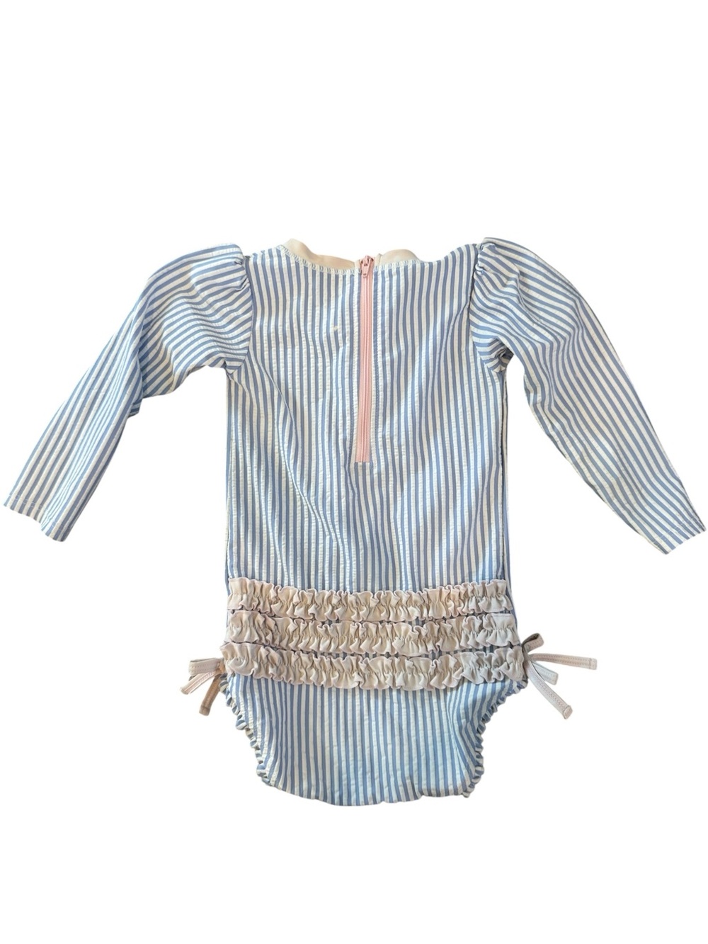 Ruffle Butts Long-Sleeve Blue & White Striped One-Piece with Pink Ruffle Detail